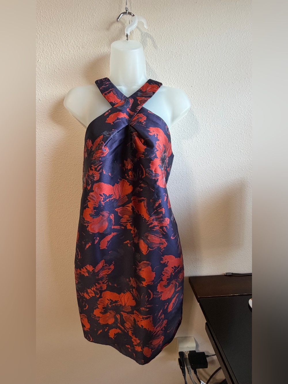 Trina Turk Navy and Red Floral Cross-Front Cocktail Dress
